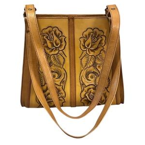 Yellow Gold Hand Tooled Floral Embossed Mexican Leather Shoulder Bag Purse
